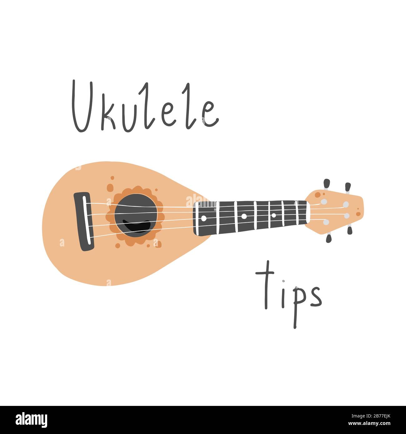 Joli ukulele de dessin animé pour affiche d'été, motif carte avec texte lettrage Ukulele Conseils. Petite guitare, instrument de musique à cordes de style hawaï. Illuataration vectorielle de style simple dessiné à la main. Illustration de Vecteur