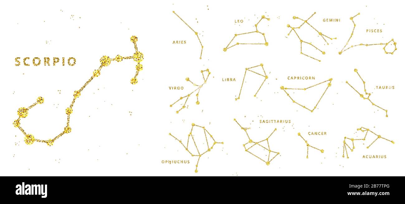 Horoscope vectoriel doré et pailleté, signes et constellation. Zodiaque des signes célestes stylisés comme des lignes brillantes et des points. Cancer, gémeaux et autres Illustration de Vecteur