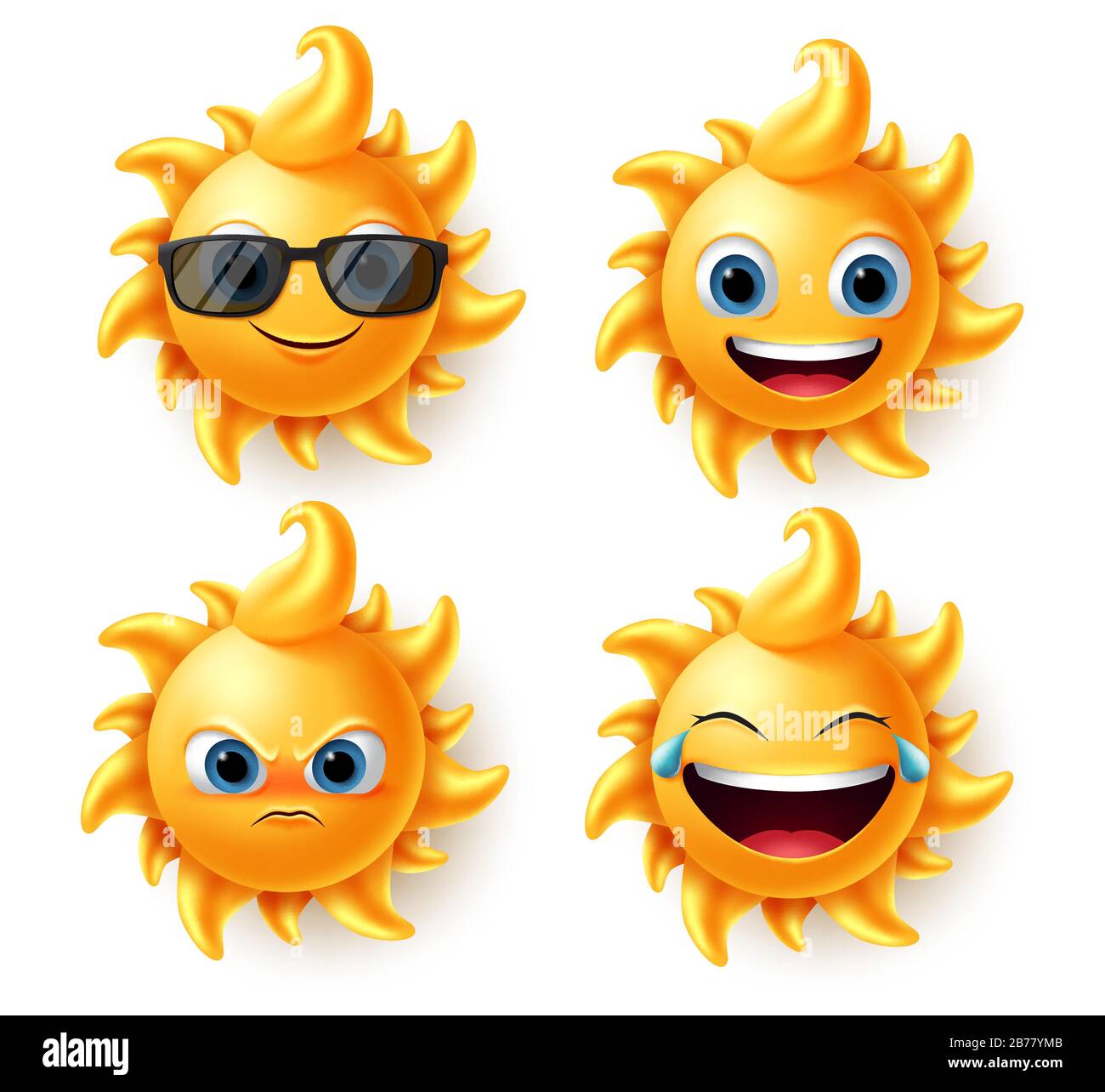 Jeu de vecteurs de caractères Sun. Les adorables personnages d'été de Sun dans différentes expressions comme en colère, rire et sourire dans un design réaliste en relief isolé. Illustration de Vecteur