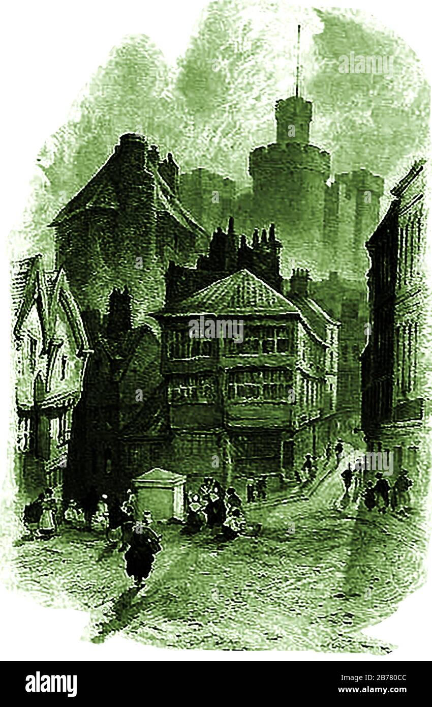 Newcastle upon Tyne, Angleterre - vue sur le château vers le 1600 (zone de la porte noire) . Robert Curthes, fils de William le Conquérant, a construit un château en bois en 1080 (quand le nom de Novum Castellum ou Nouveau château est entré en être) . Il a été remplacé par un fait de pierre en 1087 et a été reconstruit en 1172. Le garder vu aujourd'hui fait partie de cette structure. Dans les années 1630, plus d'un tiers de la population (environ 7 000) est mort de peste. Banque D'Images