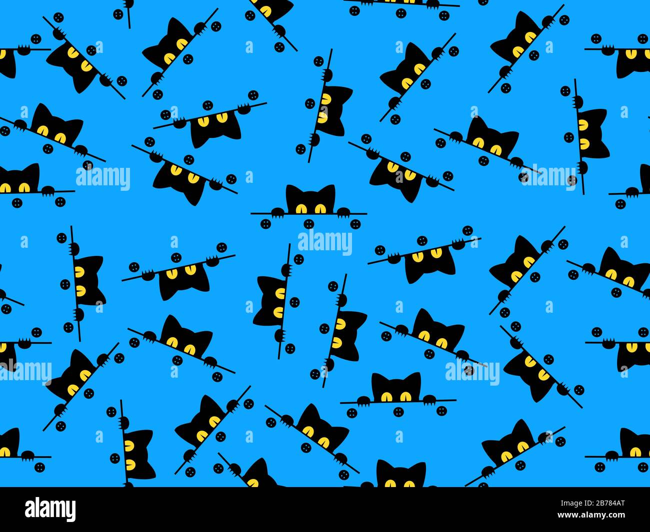 Motif chat sans couture. Chat noir avec yeux jaunes se peeping de derrière la chemise avec des boutons dans le motif répété sur fond bleu. Adapté f Banque D'Images
