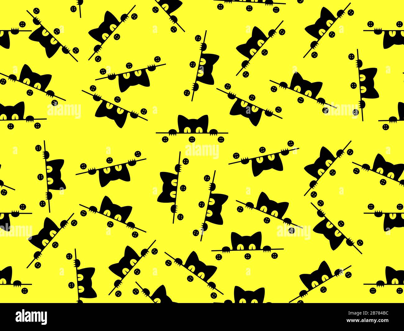 Motif chat sans couture. Chat noir avec yeux jaunes se peeping de derrière la chemise avec des boutons en répétition sur fond jaune. Adapté Banque D'Images