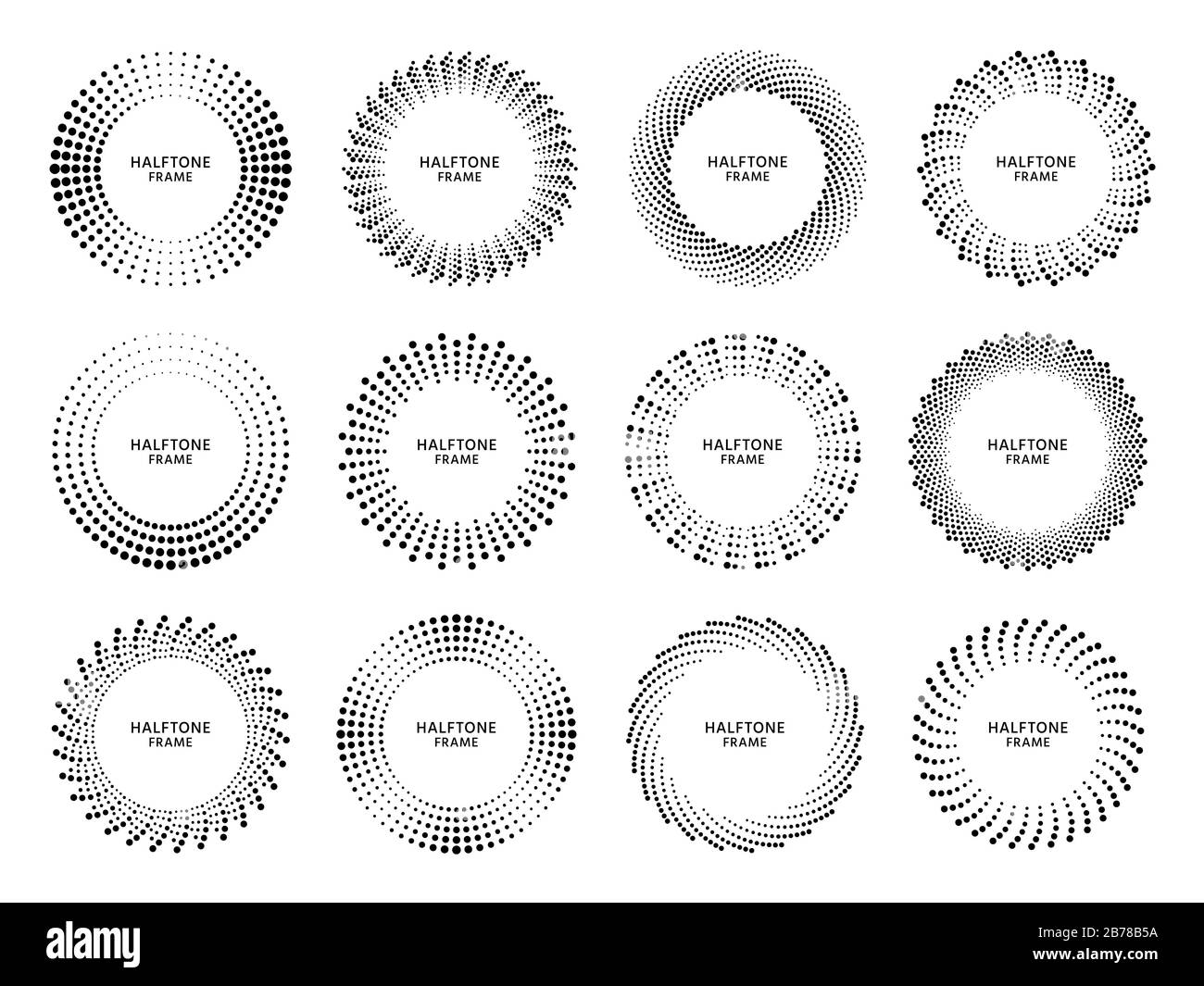 Cadre de cercle demi-ton. Cadre rond rétro avec dégradé de points demi-tons, formes de cercles en pointillés et ensemble de vecteurs de points géométriques abstraits Illustration de Vecteur