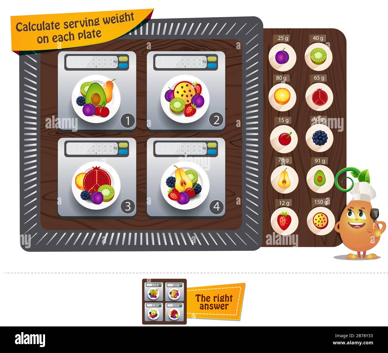 Jeu de puzzle éducatif, casse-tête pour enfants et adultes. Tâches de jeu le calcul du poids de service sur chaque plaque Illustration de Vecteur