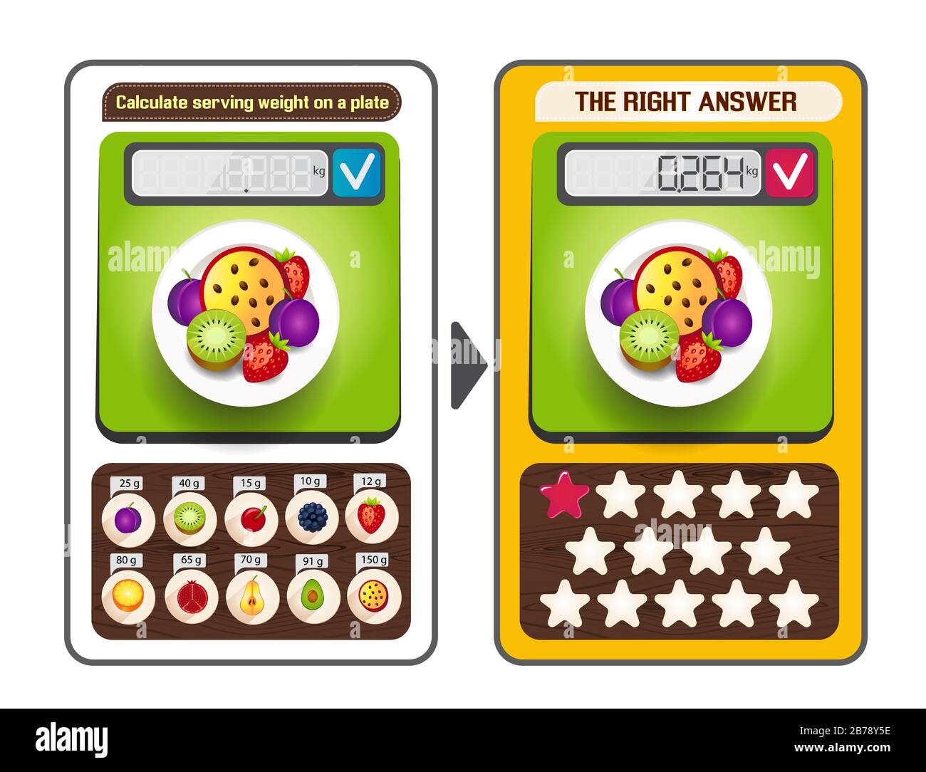 Jeu de puzzle éducatif, casse-tête de Web pour les enfants et les adultes. Tâches de jeu le calcul du poids de service sur chaque plaque Illustration de Vecteur