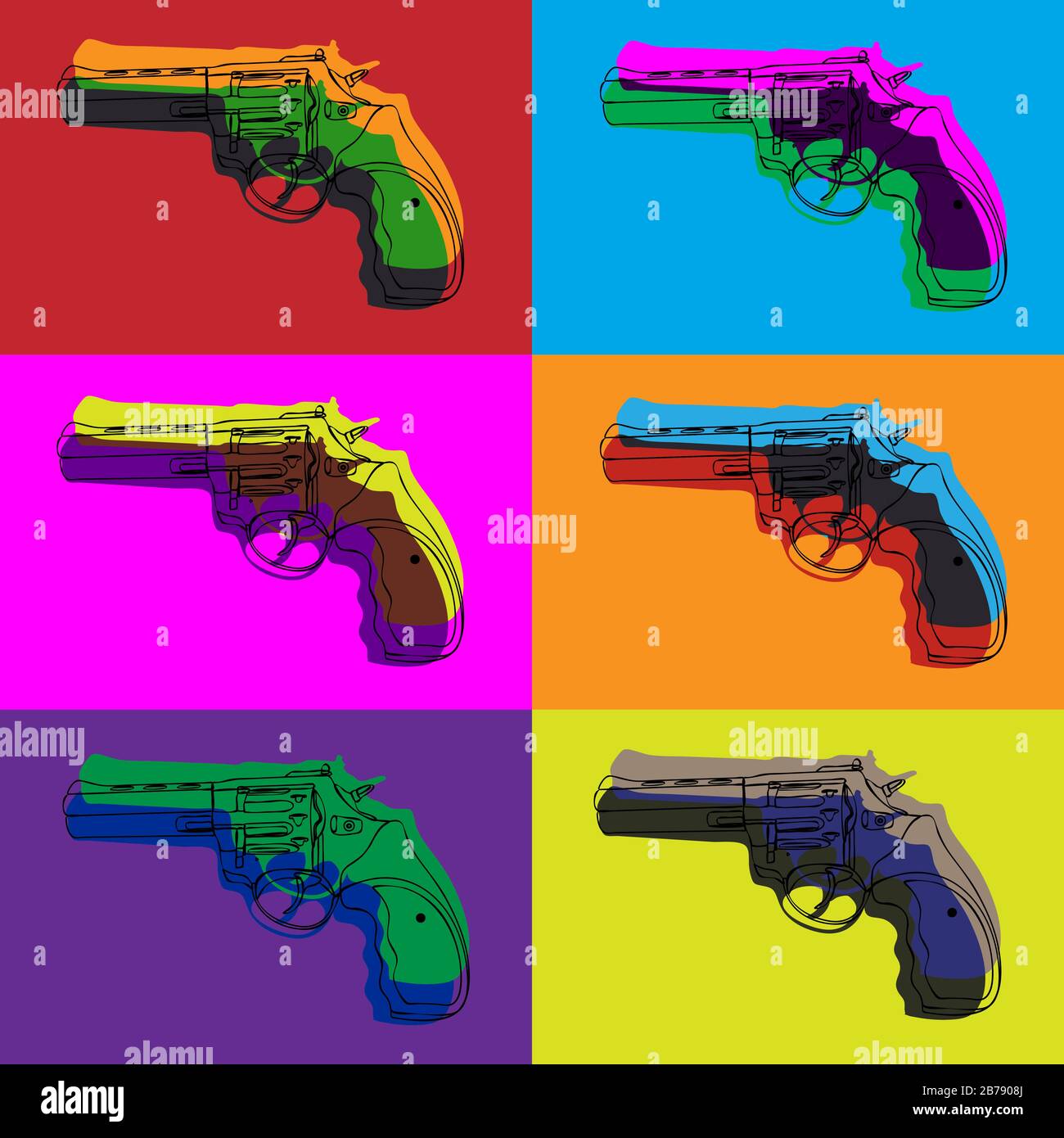 Motif psychédélique brillant et coloré sans couture avec six revolvers à contour en style pop Illustration de Vecteur