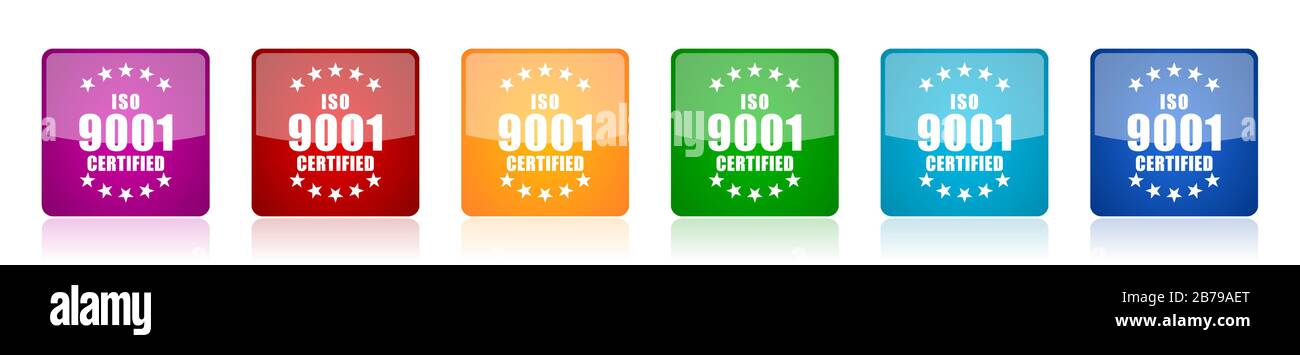Jeu d'icônes ISO 9001, illustrations vectorielles carrées brillantes colorées en 6 options pour la conception Web et les applications mobiles Illustration de Vecteur