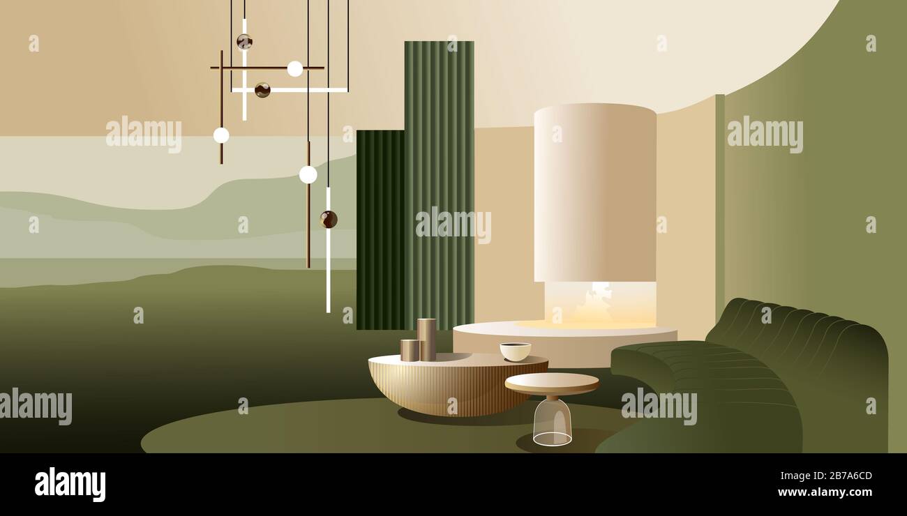 Intérieur moderne abstrait avec cheminée dans des tons pastel de vert et d'or. Maquette vectorielle pour la page d'accueil ou la création de bannières publicitaires ou de livrets. CO Banque D'Images