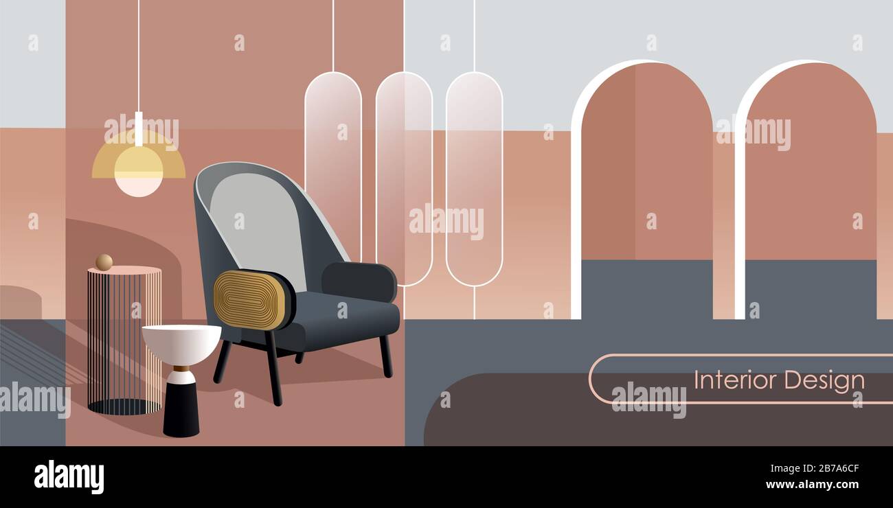 Intérieur moderne abstrait dans des tons pastel de couleur rose. Maquette vectorielle pour l'arrière-plan une page d'accueil de mise en page ou une bannière publicitaire de conception ou un livret. C Banque D'Images