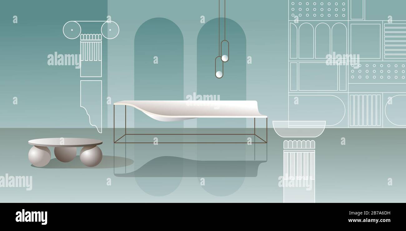 Intérieur moderne abstrait dans des tons pastel de turquoise. Maquette vectorielle pour l'arrière-plan une page d'accueil de mise en page ou une bannière publicitaire de conception ou un livret. CO Banque D'Images