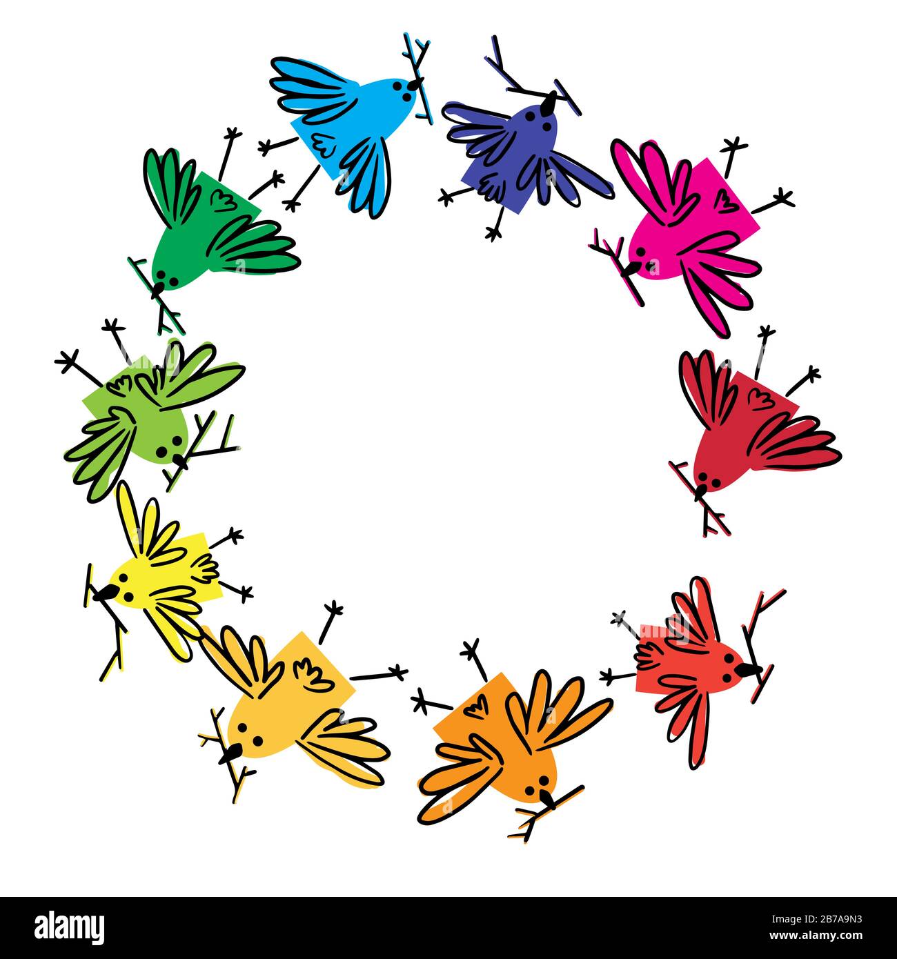 Cadre rond coloré d'oiseaux de printemps de toutes les couleurs des oiseaux arc-en-ciel construisent des nids. Ambiance printanière. Style caniche. Illustration vectorielle Illustration de Vecteur