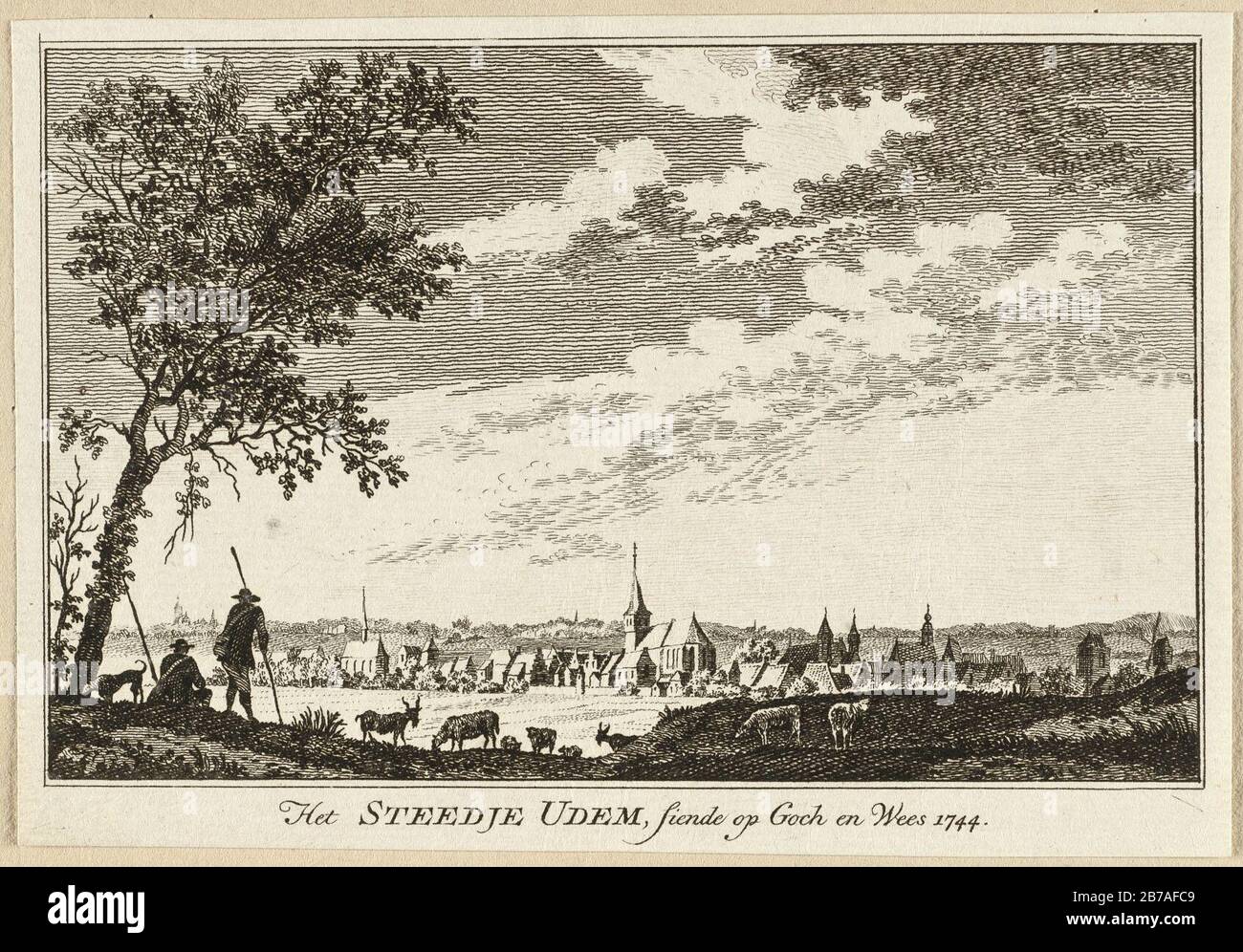 Gezicht op het Duitse stadje Uedem Het Steedje Udem, siende op goch en Wees, 1744. Banque D'Images