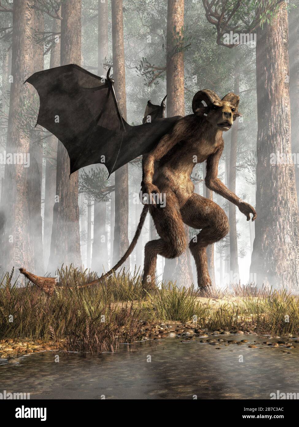 Une créature à accrochage avec une tête d'animal, des cornes et des ailes de chauve-souris se tient dans les barrens de pin. Le Jersey Devil est une crypte légendaire du sud du New Jersey. Banque D'Images