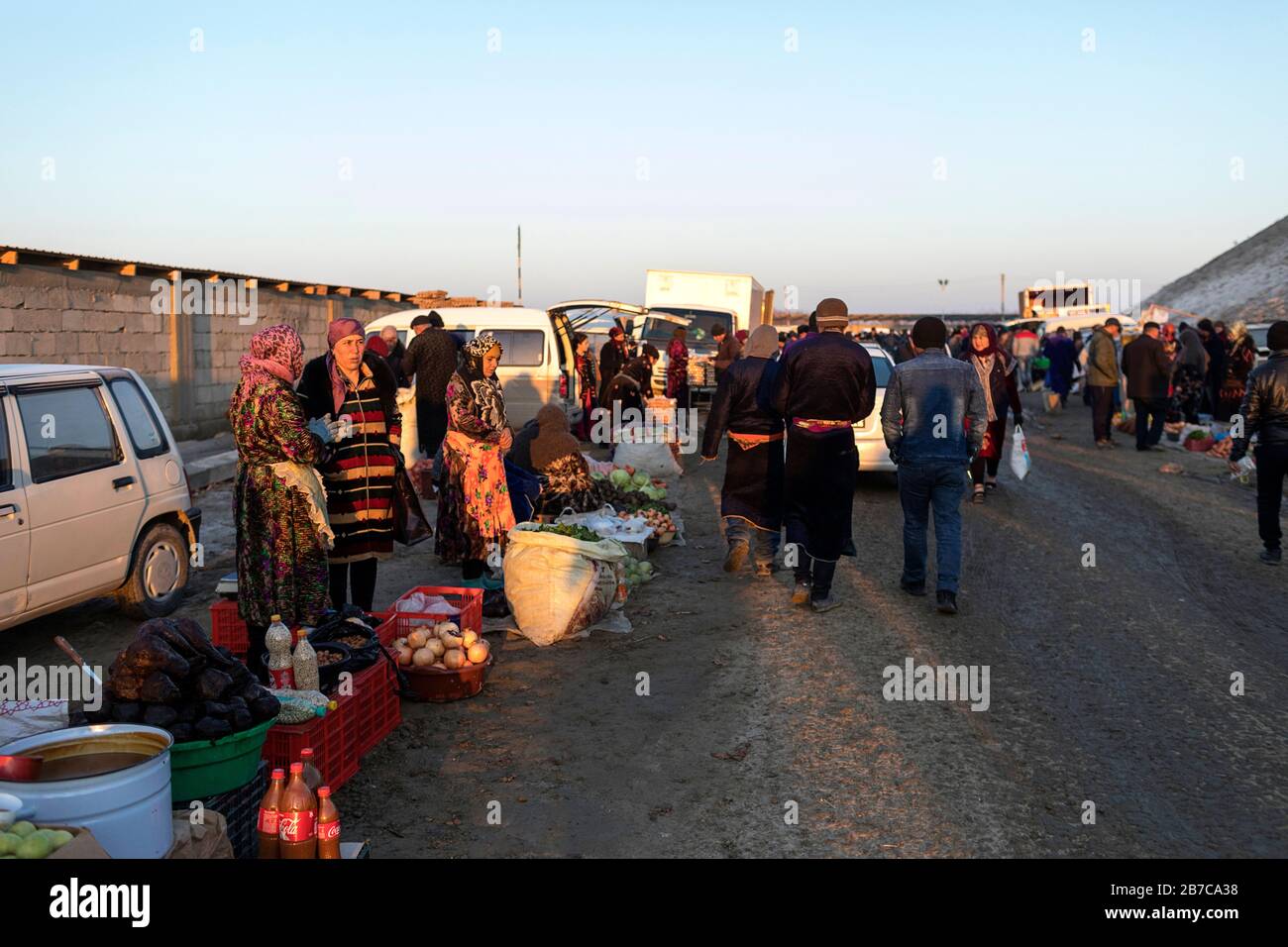 Section végétale du marché du bétail du matin dans un village près de Boukhara, Ouzbékistan Banque D'Images