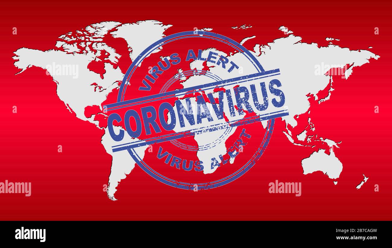 Carte du monde vectoriel avec fond de gradient rouge et alerte de coronavirus de timbre d'encre bleue. Illustration de la conception Web ou des infographies. Fichier vectoriel dans eps 10 Illustration de Vecteur