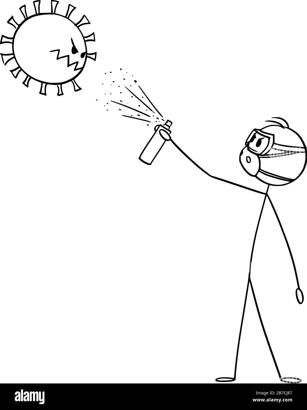 Dessin de dessin de dessin de dessin de dessin de dessin de dessin conceptuel de l'homme portant le masque de visage et utilisant la désinfection sur le virus ou les bactéries du coronavirus ou du covid-19. Illustration de Vecteur