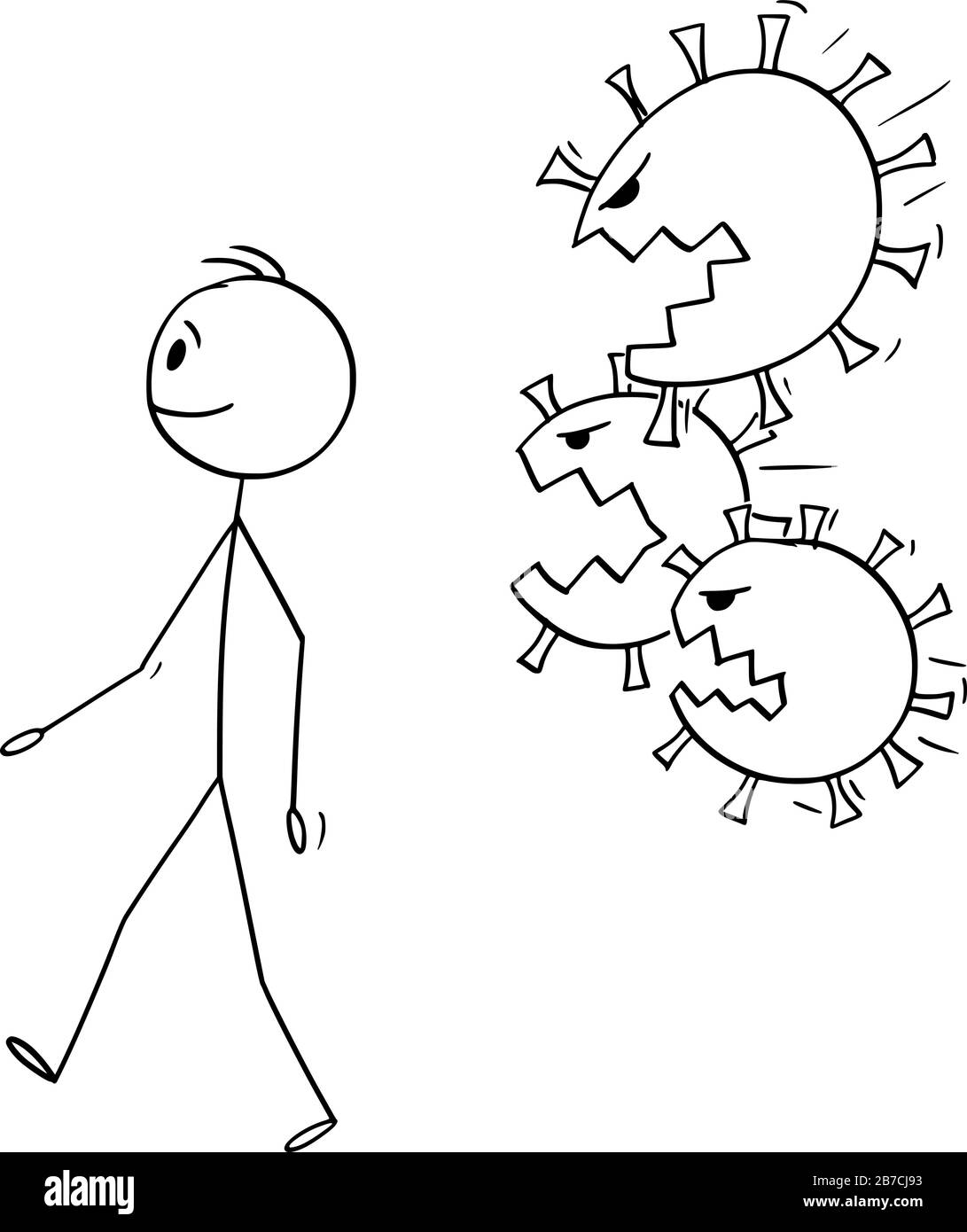 Dessin de dessin de dessin de dessin de dessin de dessin de dessin de dessin conceptuel de l'homme marchant ignorant alors que Coronavirus ou virus covid-19 l'attaque. Illustration de Vecteur
