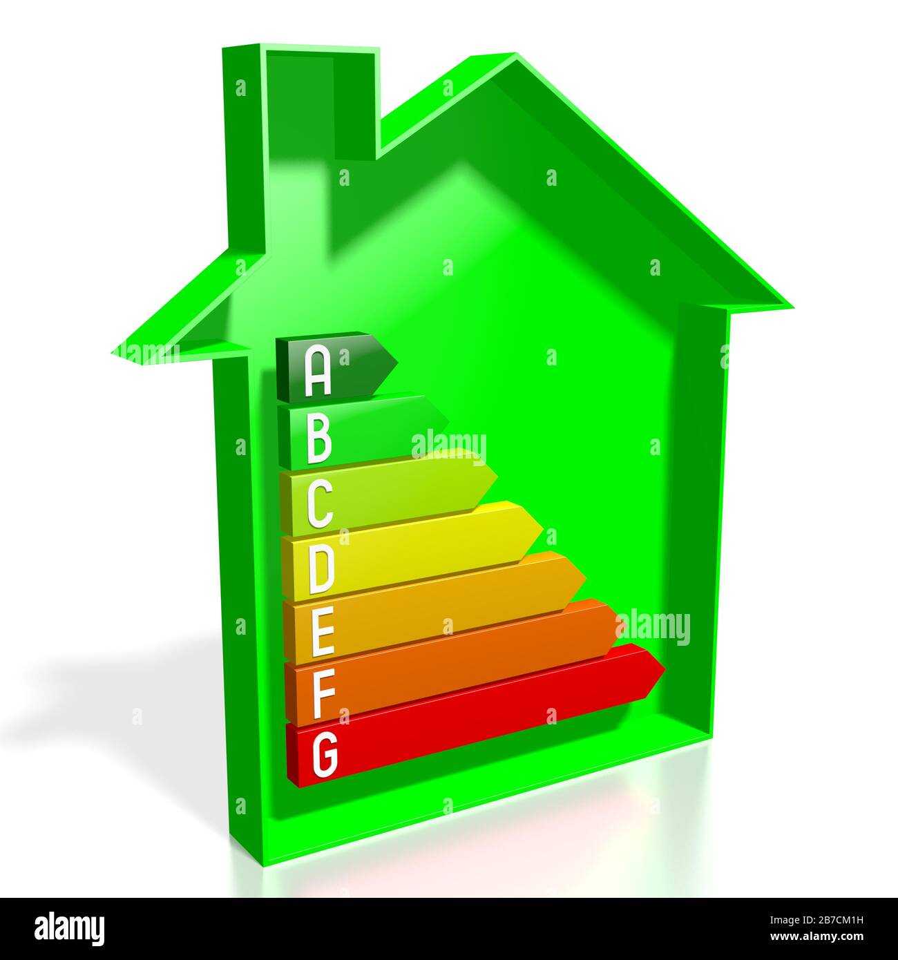 Carte d'efficacité énergétique tridimensionnelle - forme de la maison - A, B, C, D, E, F, G Banque D'Images