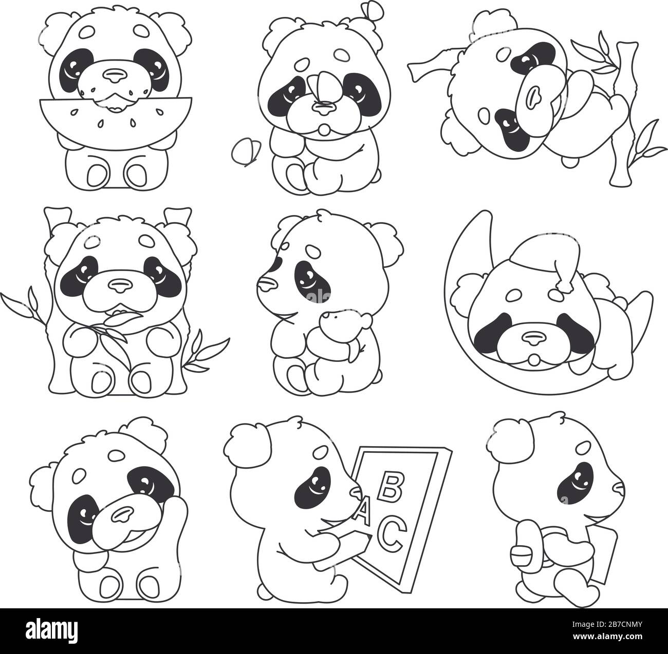 Pack De Personnages Lineaires Panda Kawaii Mignons Adorable Heureux Et Drole Animal Mangeant Pasteque Bambou Isole Autocollants Jeu De Patchs Anime Bebe Panda Image Vectorielle Stock Alamy