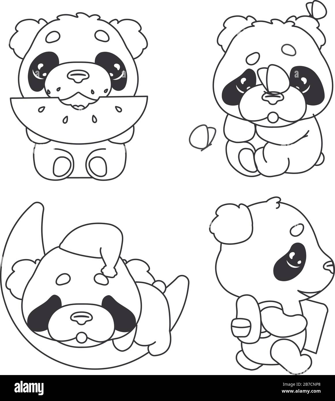 Pack de personnages linéaires panda kawaii mignons. Adorable et drôle d'animal mangeant pastèque, dormir, de retour à l'école isolé autocollant, patches ensemble. Animation Illustration de Vecteur