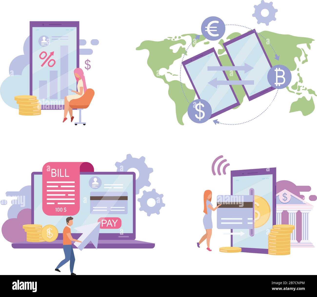 Jeu d'illustrations vectorielles plates de banque en ligne. Concept de taux d'intérêt élevé de dépôt. Système de facturation, transfert d'argent par carte de crédit, bande dessinée sur l'application de paiement électronique Illustration de Vecteur