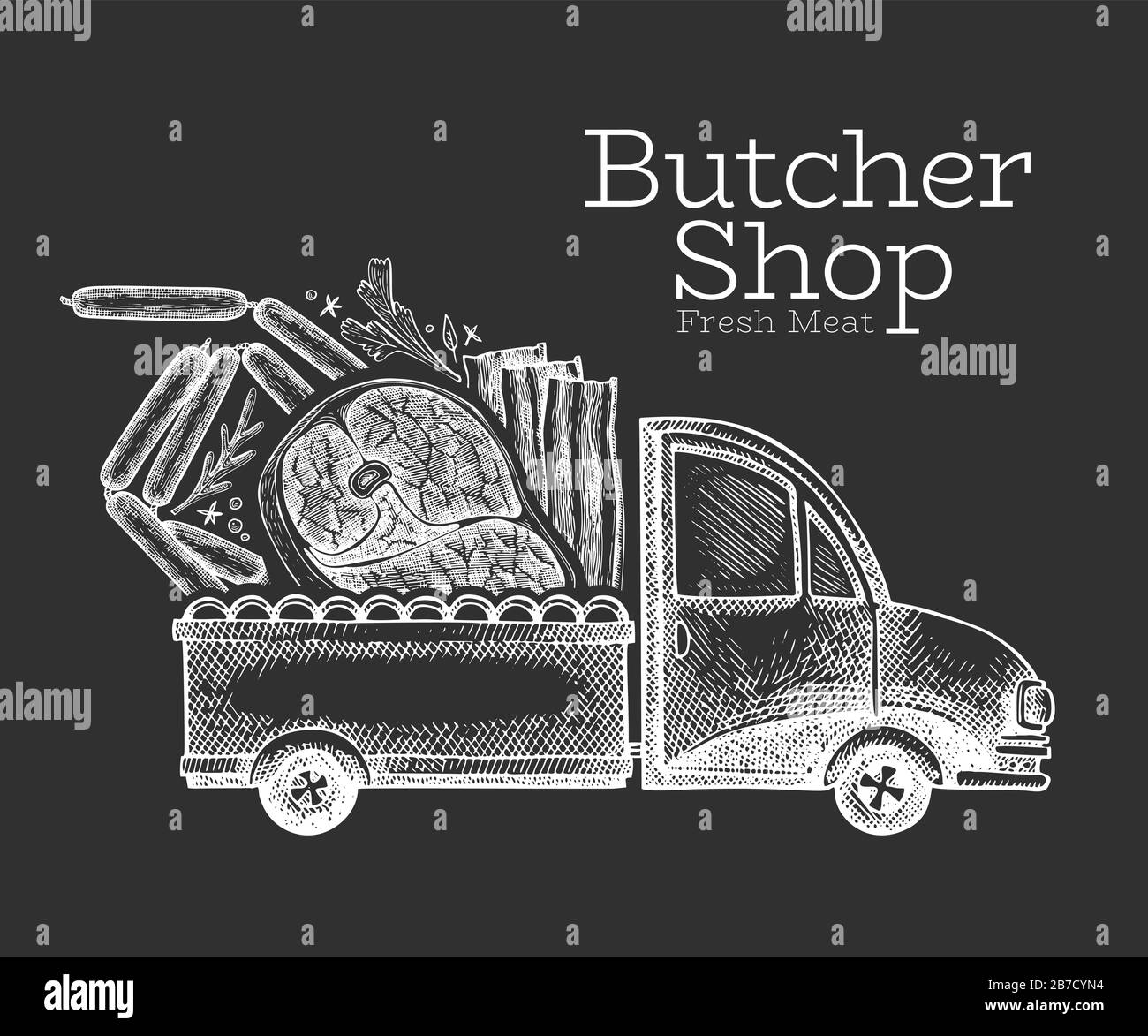 Boucherie logo livraison modèle. Hand drawn vector chariot avec illustration de la viande. Food design vintage style gravé. Illustration de Vecteur