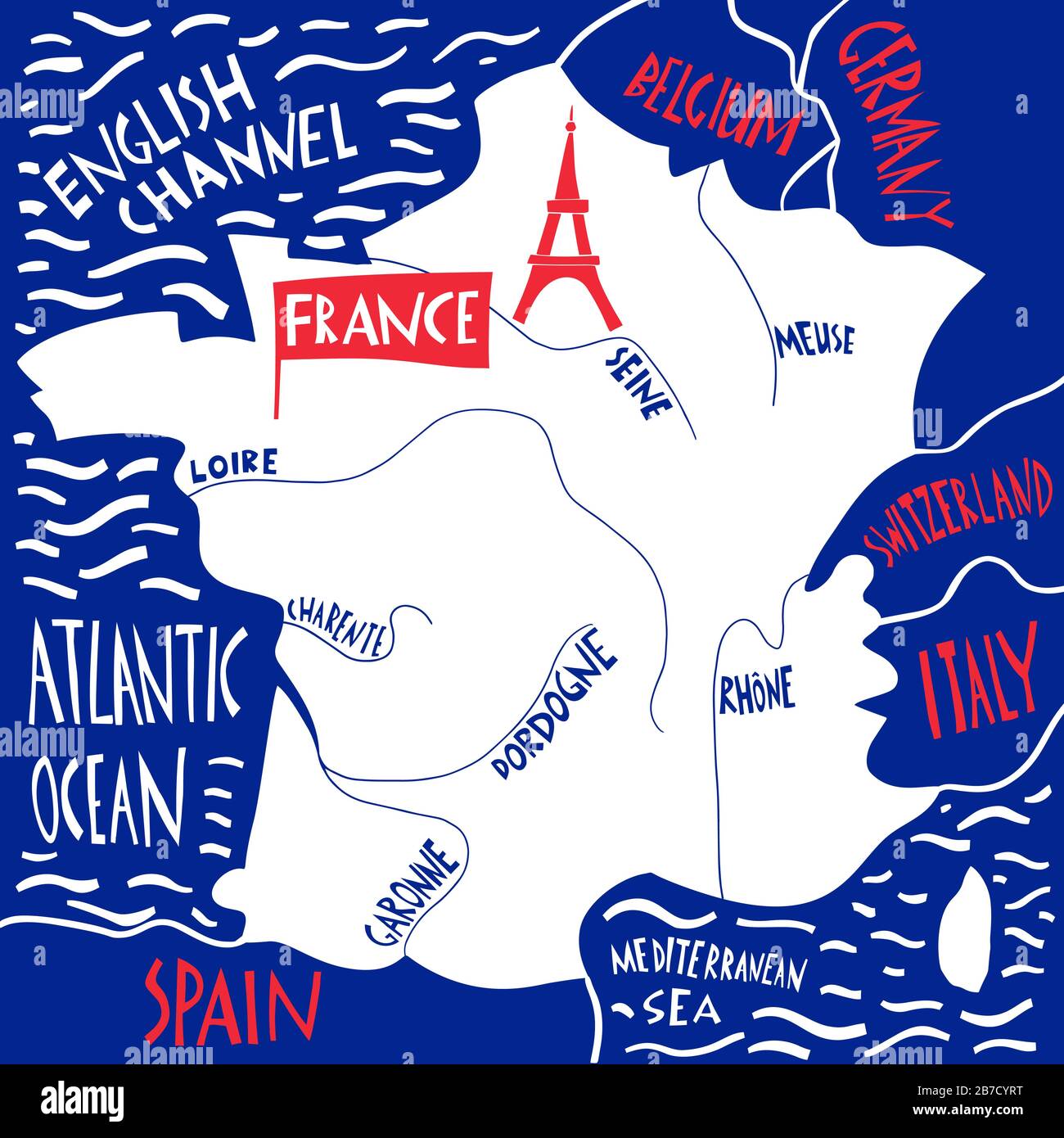 Carte stylisée vectorielle dessinée à la main de la France. Illustration de voyage avec noms de rivières. Lettrage tiré à la main. Élément carte Europe Illustration de Vecteur