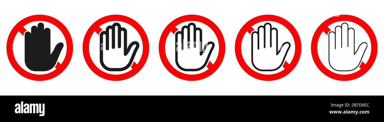 Signes interdits à la main. Ensemble de signes de blocage avec icône manuelle. Illustration vectorielle. Panneau d'arrêt. Aucun signe d'entrée isolé. Illustration de Vecteur