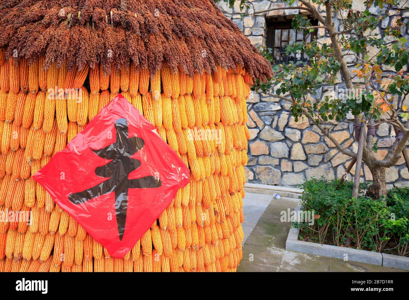 Le maïs séché mûre dans la ferme，traduction littérale chinoise: Bonne récolte Banque D'Images