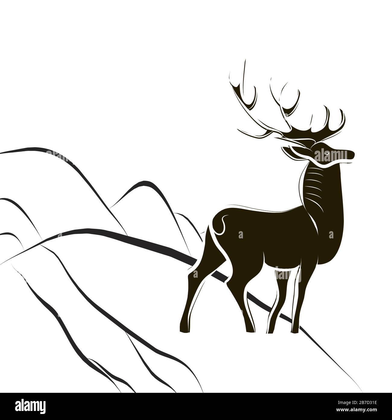 Gracieux cerf fier avec de grandes cornes. Silhouette noire et blanche. Le cerf mâle se trouve au bord de la pente de montagne. Vue latérale. Symbole de la victoire du bien sur evi Illustration de Vecteur