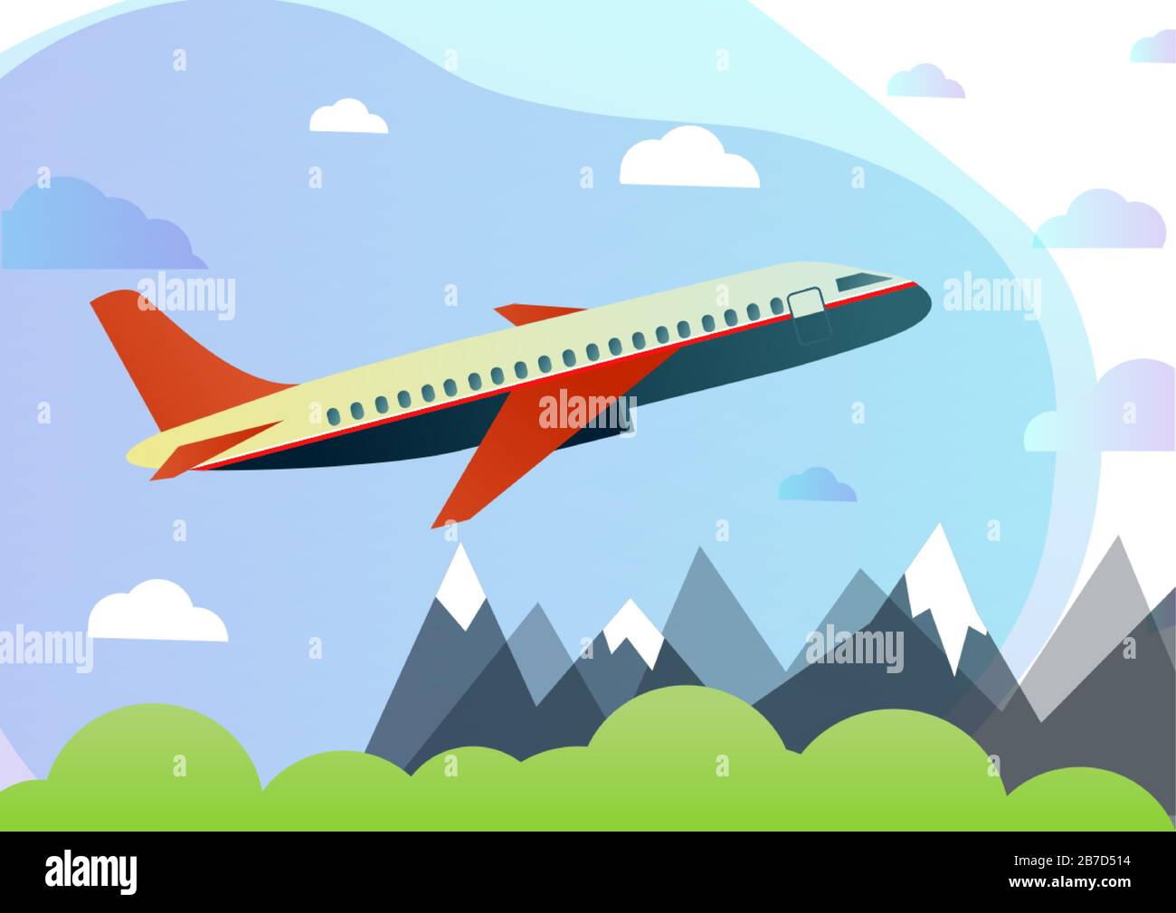 Vol de l'avion dans le ciel. Avions de passagers, avions, avions, vol, nuages, ciel, temps ensoleillé. Icônes de couleur plate. Illustration vectorielle Illustration de Vecteur