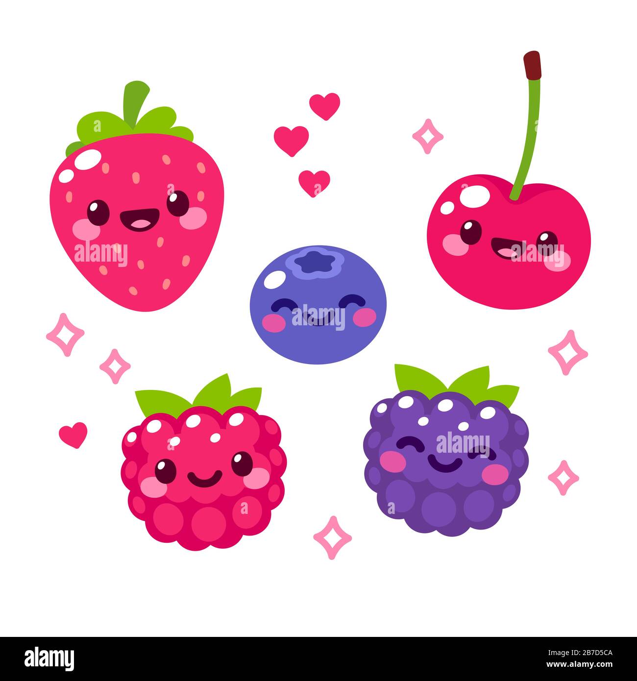 Fruits de bande dessinée Kawaii. Des personnages de fruits drôles avec des visages souriants, des coeurs et des étincelles. Joli et simple dessin de style caniche, clip vectoriel isolé Illustration de Vecteur