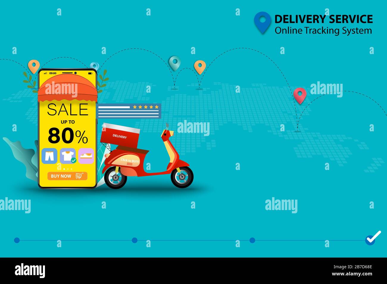 Concept de service de livraison avec système de suivi en ligne, scooter placé près du smartphone que l'affichage contient le taux de remise et la liste des produits. Illustration de Vecteur