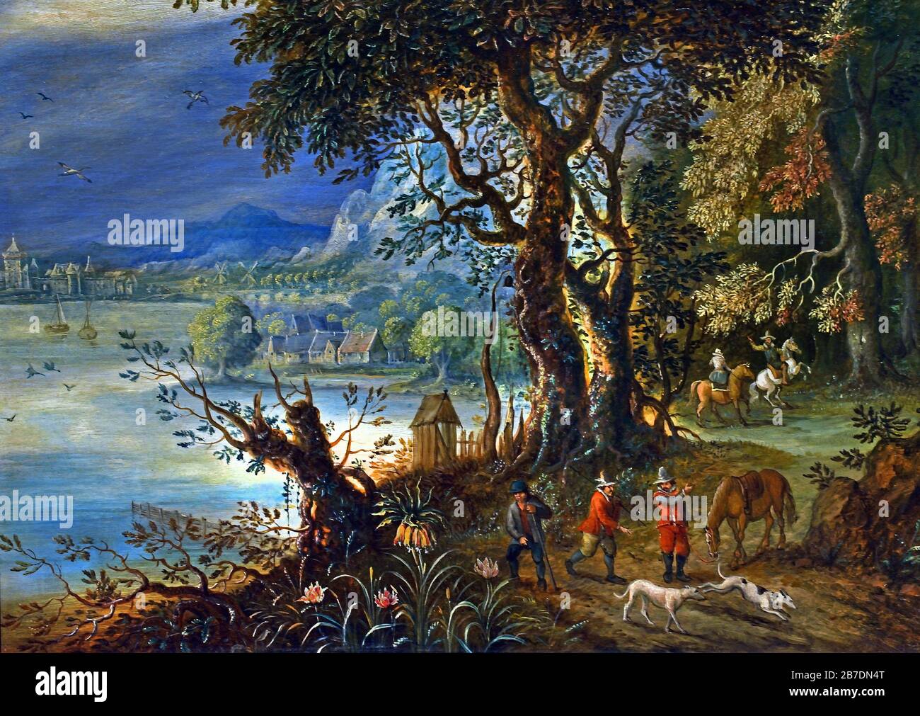 Paysage de la rivière avec les chasseurs par Jan Brueghel famille des Elder 1568-1625 et Abraham Govaerts 1589-1626 Brueghel ( Bruegel ou Breughel ), peintres flamands du XVIe au XVIIe siècle, belge, Belgique. Banque D'Images