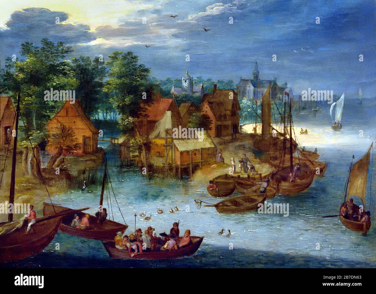 Paysage fluvial de Jan Brueghel l'Elder 1568-1625 la famille Brueghel ( Bruegel ou Breughel ), peintres flamands du XVIe au XVIIe siècle, belge, Belgique. Banque D'Images