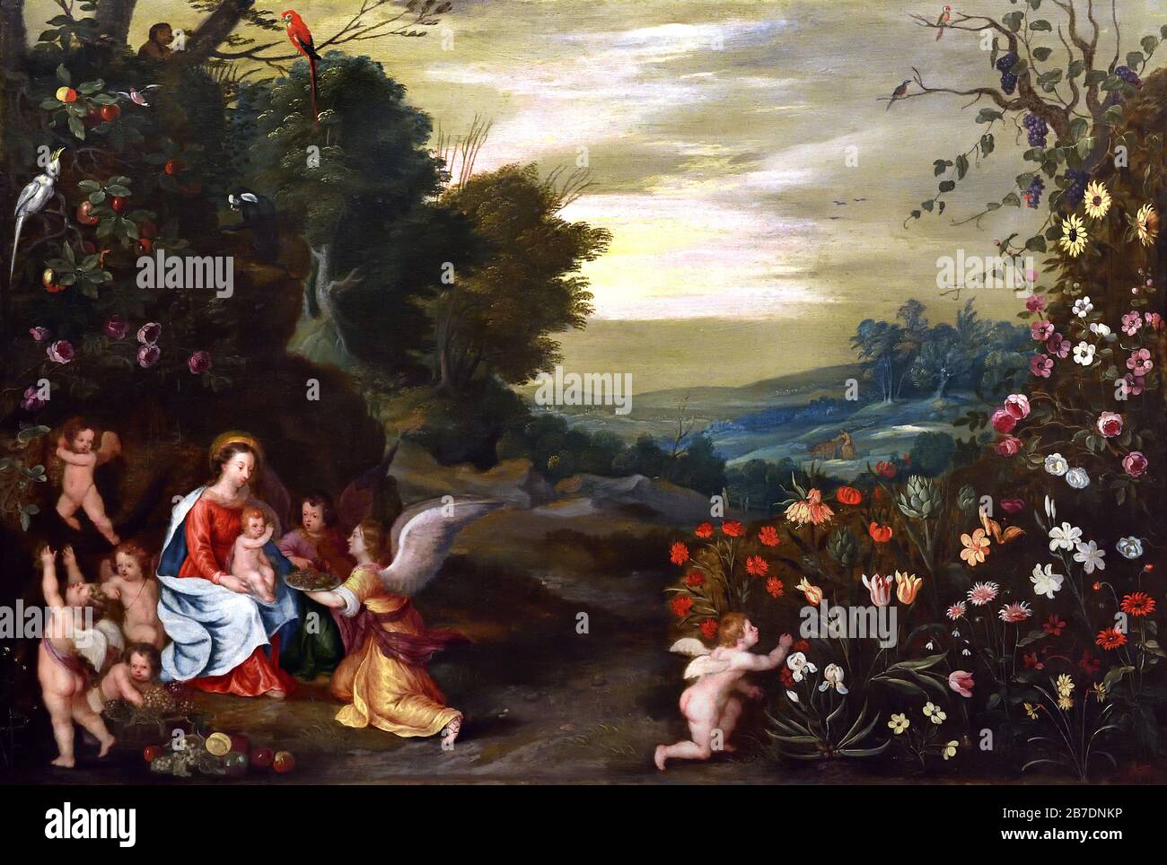 Madonna et enfant avec les Anges dans un paysage 1630 par Jan Brueghel le Jeune 1601-1678, la famille Brueghel ( Bruegel ou Breughel ), peintres flamands du XVIe au XVIIe siècle, belge, Belgique. Banque D'Images
