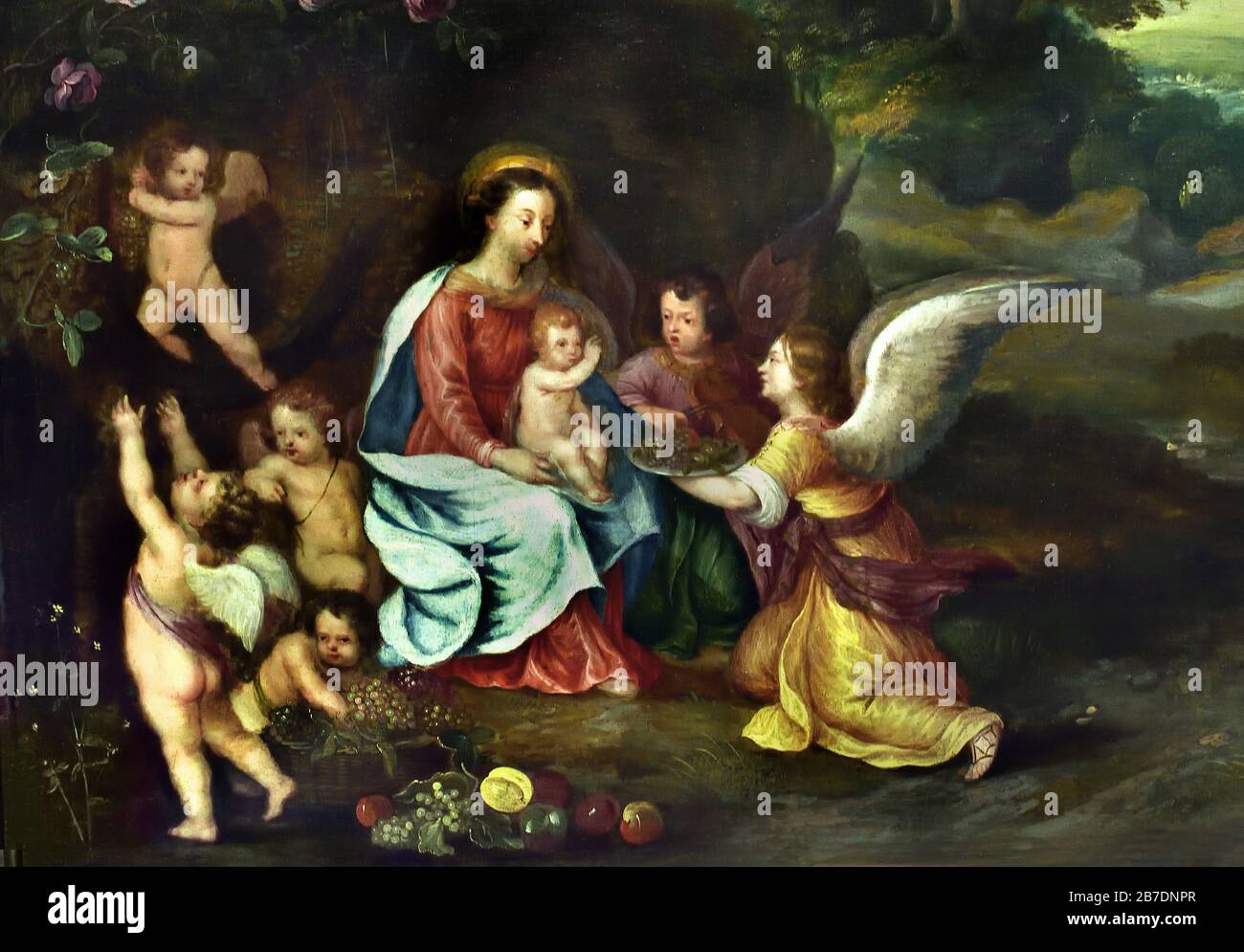 Madonna et enfant avec les Anges dans un paysage 1630 par Jan Brueghel le Jeune 1601-1678, la famille Brueghel ( Bruegel ou Breughel ), peintres flamands du XVIe au XVIIe siècle, belge, Belgique. Banque D'Images