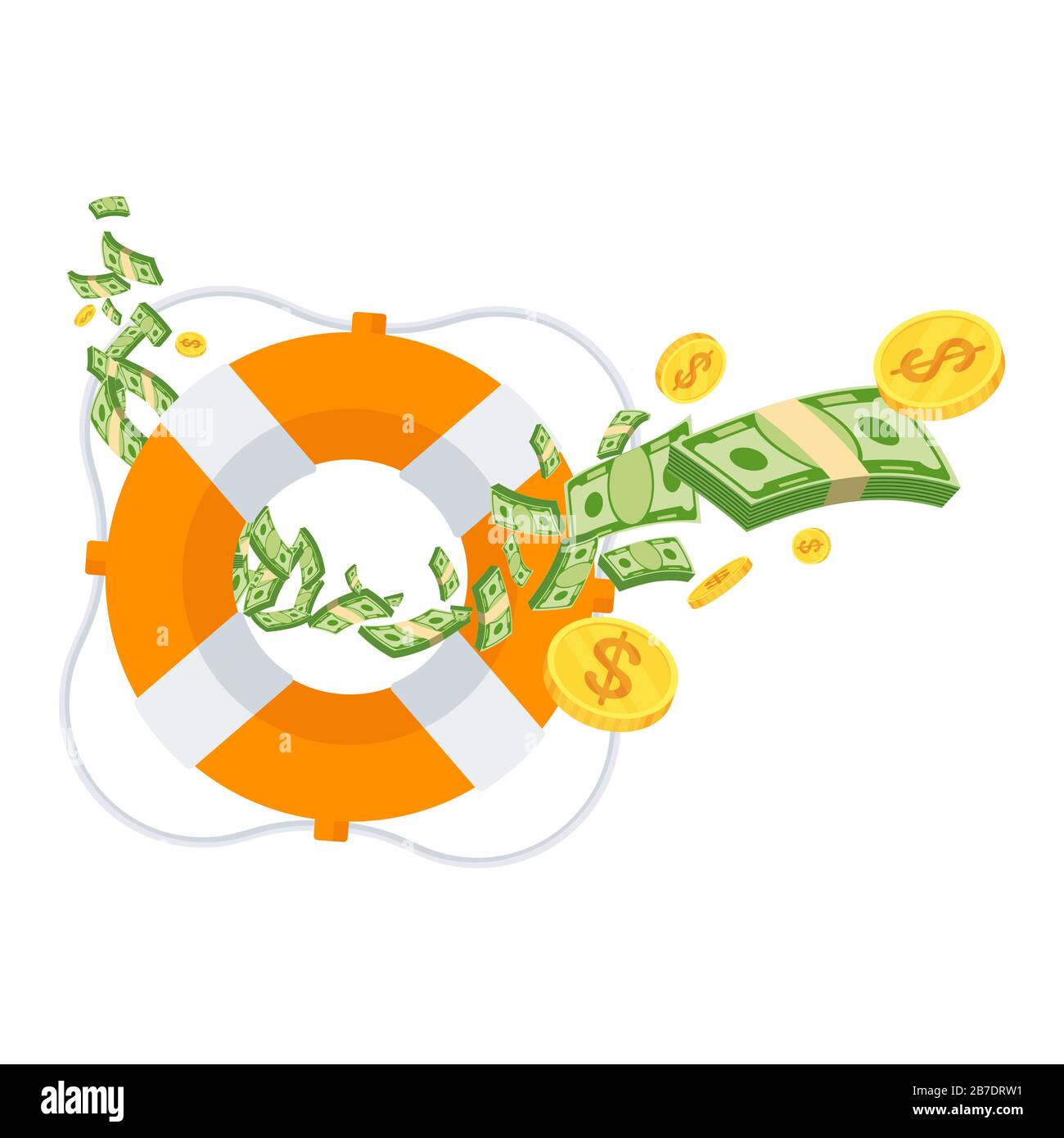 Flux d'argent volant dans bouée de sauvetage. Dollars en bouée à anneau. Illustration de Vecteur