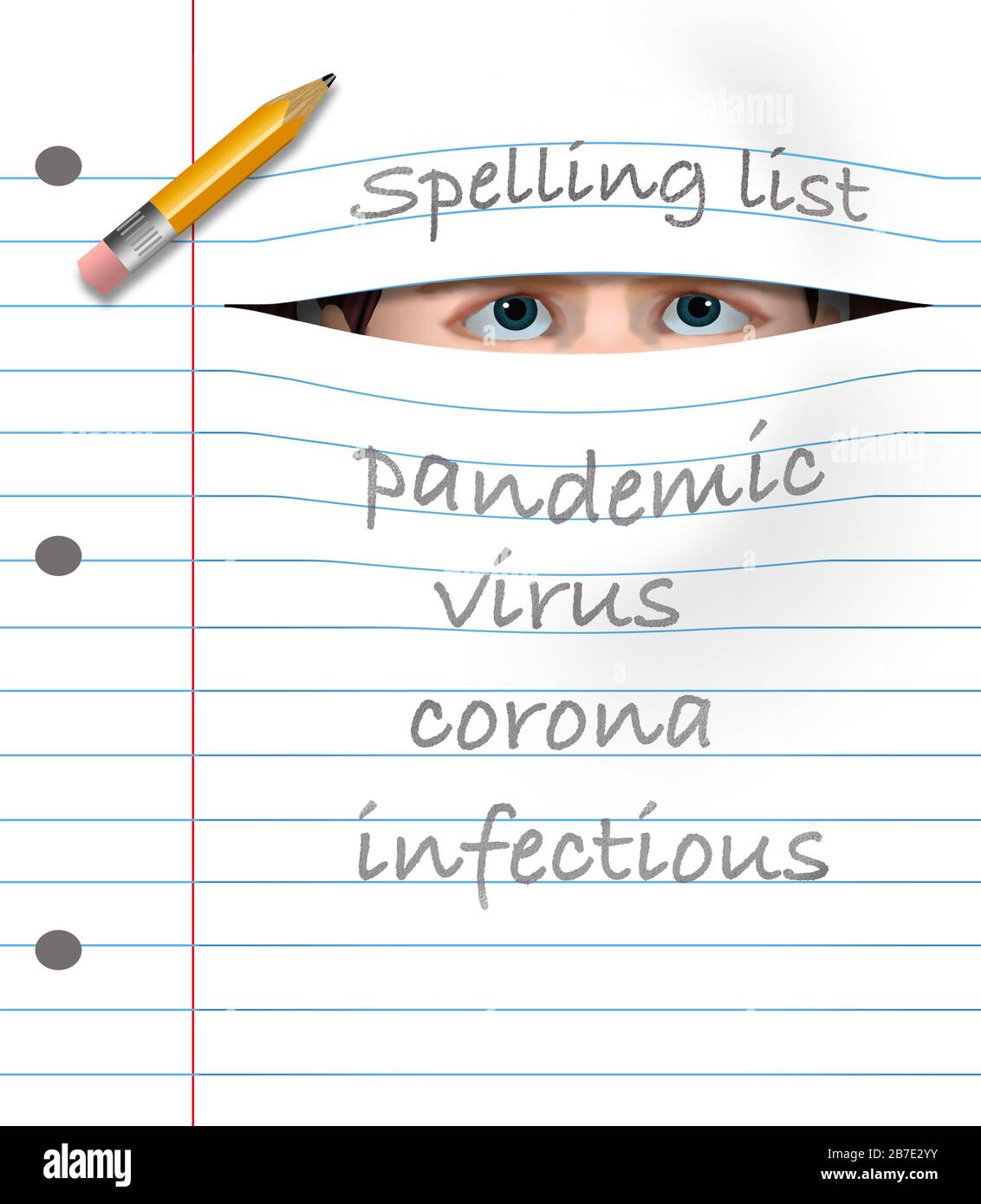 Un étudiant avec des yeux effrayés pairs à travers une page de bloc-notes avec sa liste d'orthographe pour la semaine qui a le mot à apprendre: Pandémie, couronne, infectieux Banque D'Images