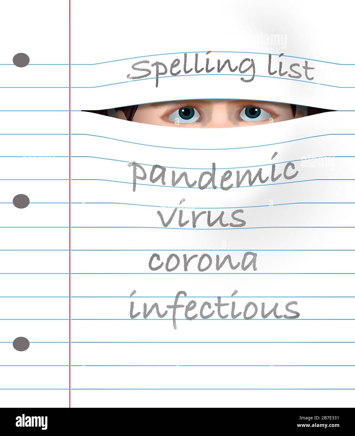 Un étudiant avec des yeux effrayés pairs à travers une page de bloc-notes avec sa liste d'orthographe pour la semaine qui a le mot à apprendre: Pandémie, couronne, infectieux Banque D'Images