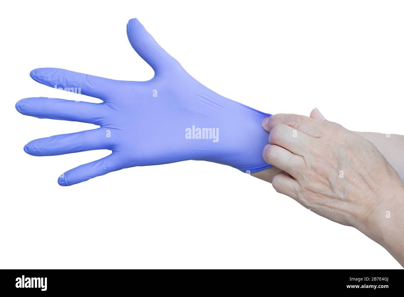 Mains portant un gant en latex bleu sur fond blanc Banque D'Images