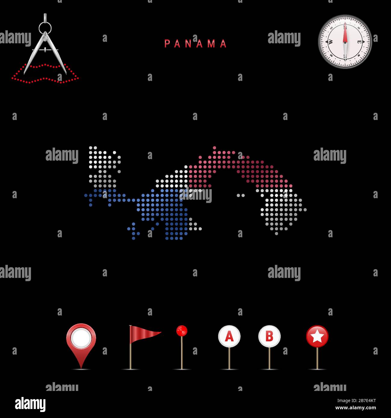 Carte pointillée du Panama peinte dans les couleurs du drapeau national du Panama. Effet de drapeau de spéléologie. Outils de carte, ensemble d'icônes cartographiques. Illustrati vectoriel Illustration de Vecteur