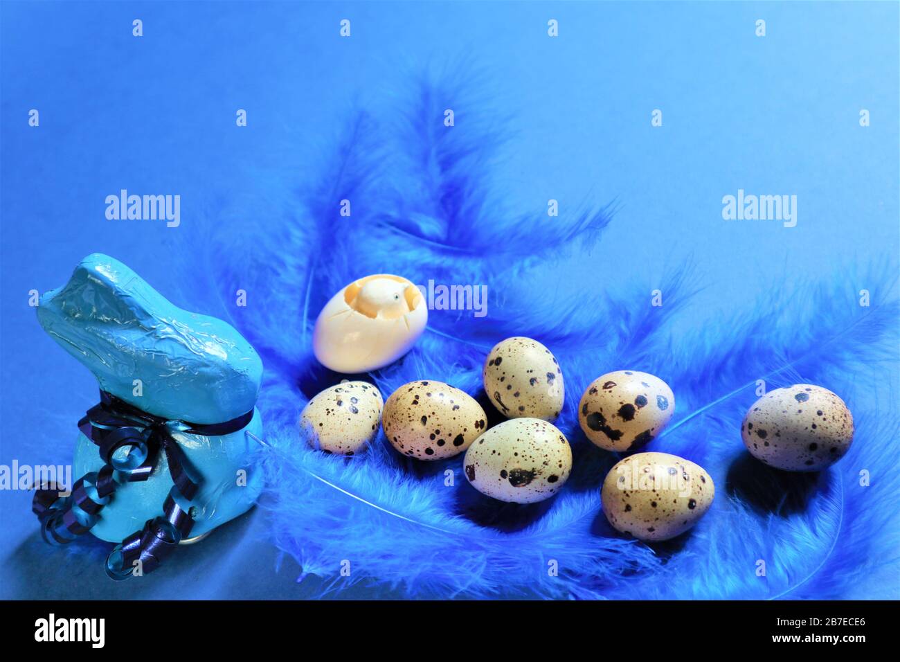 Concept de Pâques. Œufs de caille et lapin bleu sur plumes d'oiseaux bleus dans une couleur tendance sur un fond bleu. Couleur tendance 2020. Vue de dessus. Espace de copie Banque D'Images