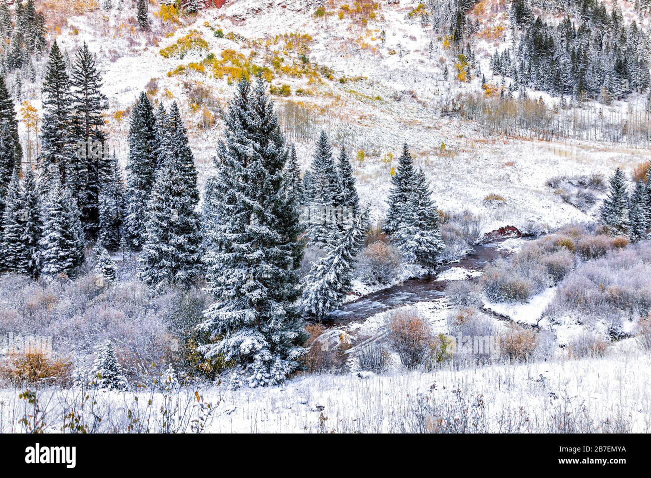 La neige du paysage de la rivière Maroon creek à Aspen, dans les montagnes du Colorado en octobre 2019 et le feuillage d'automne Banque D'Images