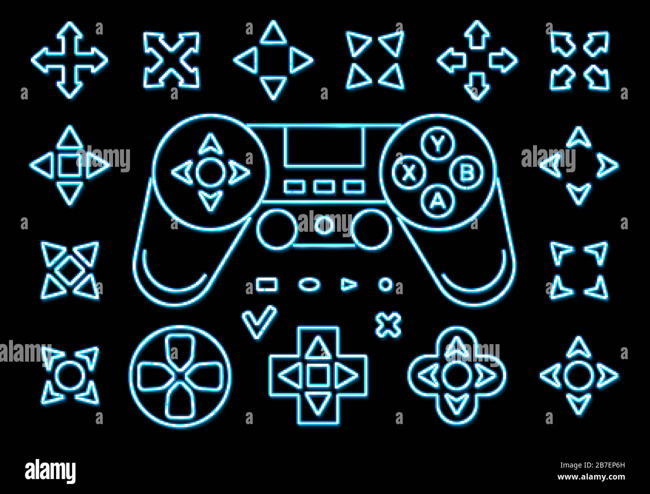 Panneau d'interface utilisateur de jeu au néon sur fond noir. Flèches bleues du curseur. Style de jeu de console rétro des années 80. Touches du contrôleur avec la croix de direction sur et Illustration de Vecteur Panneau d'interface utilisateur de jeu au néon sur fond noir. Flèches bleues du curseur. Style de jeu de console rétro des années 80. Touches du contrôleur avec la croix de direction sur et Illustration de Vecteur