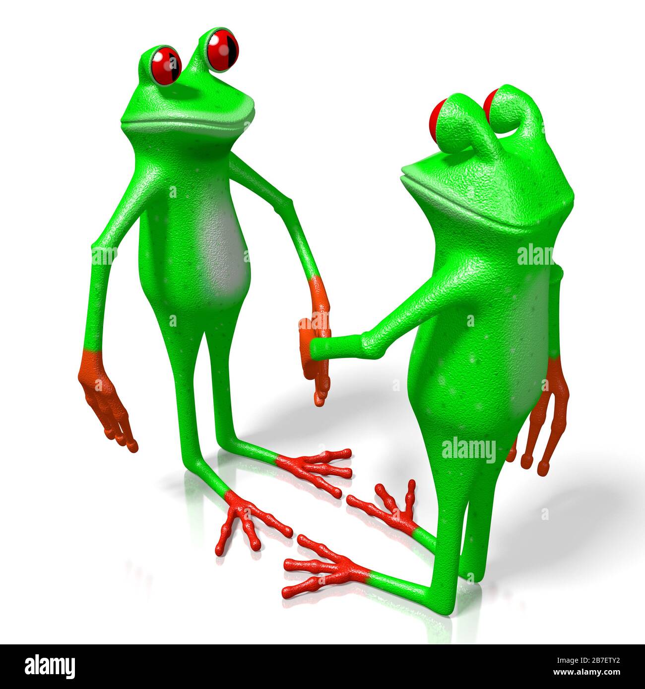 Des grenouilles de caricature tridimensionnelles - poignée de main, concept d'accord. Banque D'Images