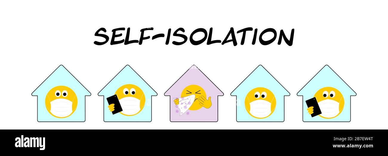 Groupe de maisons avec auto-isolation emojis Coronavirus, covid19, émoji avec éternuement de virus avec des tissus à la maison. Concept de jeunesse Banque D'Images