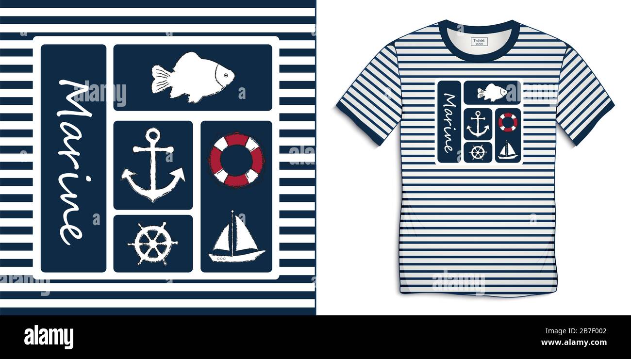 Imprimé sur t-shirt motif marin rayures, collections d'icônes nautiques ancre, carpe de poisson, voilier, gouvernail, bouée de sauvetage, isolé sur fond blanc Banque D'Images
