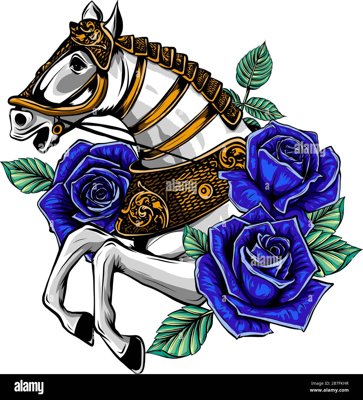 Illustration vectorielle. Portrait du cheval blanc avec des fleurs de roses d'or et des feuilles sur un fond blanc. Illustration de Vecteur