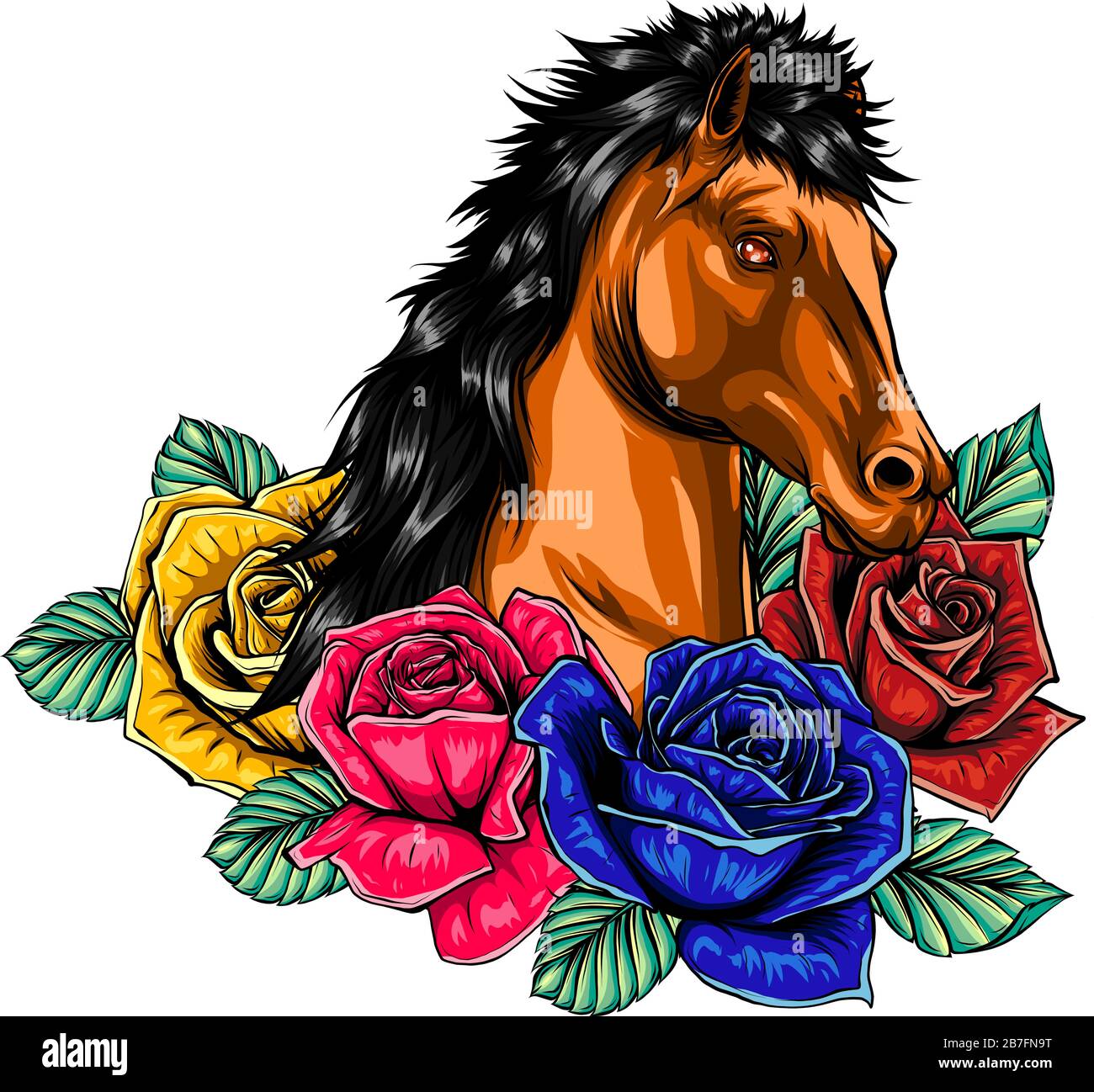 Illustration vectorielle. Portrait du cheval blanc avec des fleurs de roses d'or et des feuilles sur un fond blanc. Illustration de Vecteur